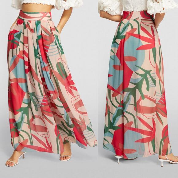 NEW PatBo Rio Wide Leg Trousers Floral High Rise Pleated Chiffon Pant